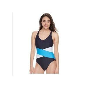 NEW Halitech LG Colorblock Racerback One-Piece Swimsuit Navy Blue & White #94337